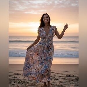 SHEIN VCAY Floral Ruffle Hem Button-Front Maxi Dress - Size M